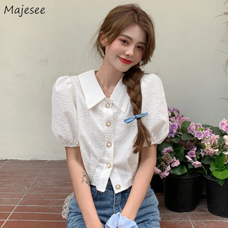 

Shirts Women Girls French Style Puff Sleeve Sweet Turn-down Collar Casual Vintage Fashion Party Folds Summer Preppy Tops