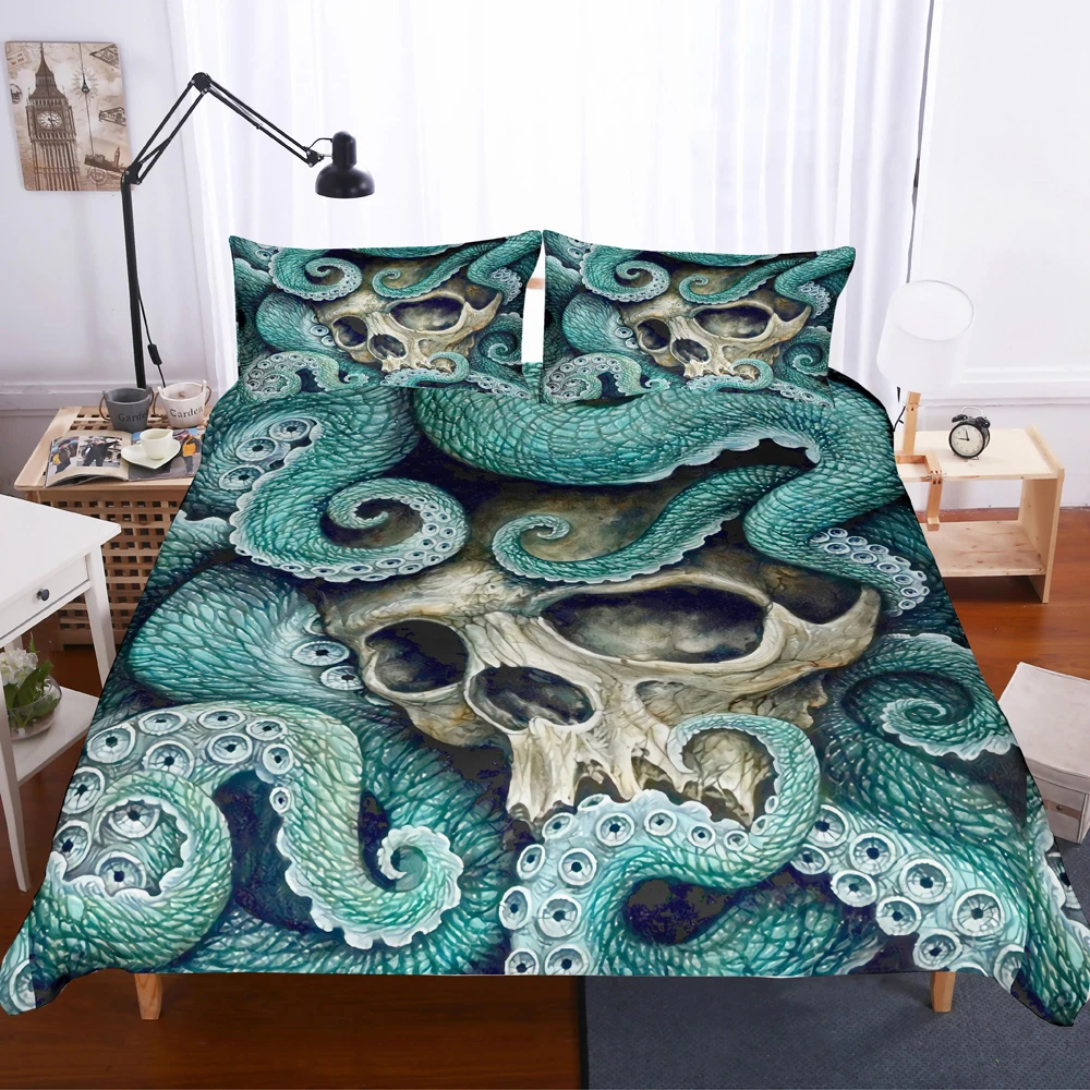 

3D Digital Skull with Octopus Pattern Duvet Cover with Pillow Cover Bedding Set All Size Dark Octopus Bed Set for Bedroom Decor