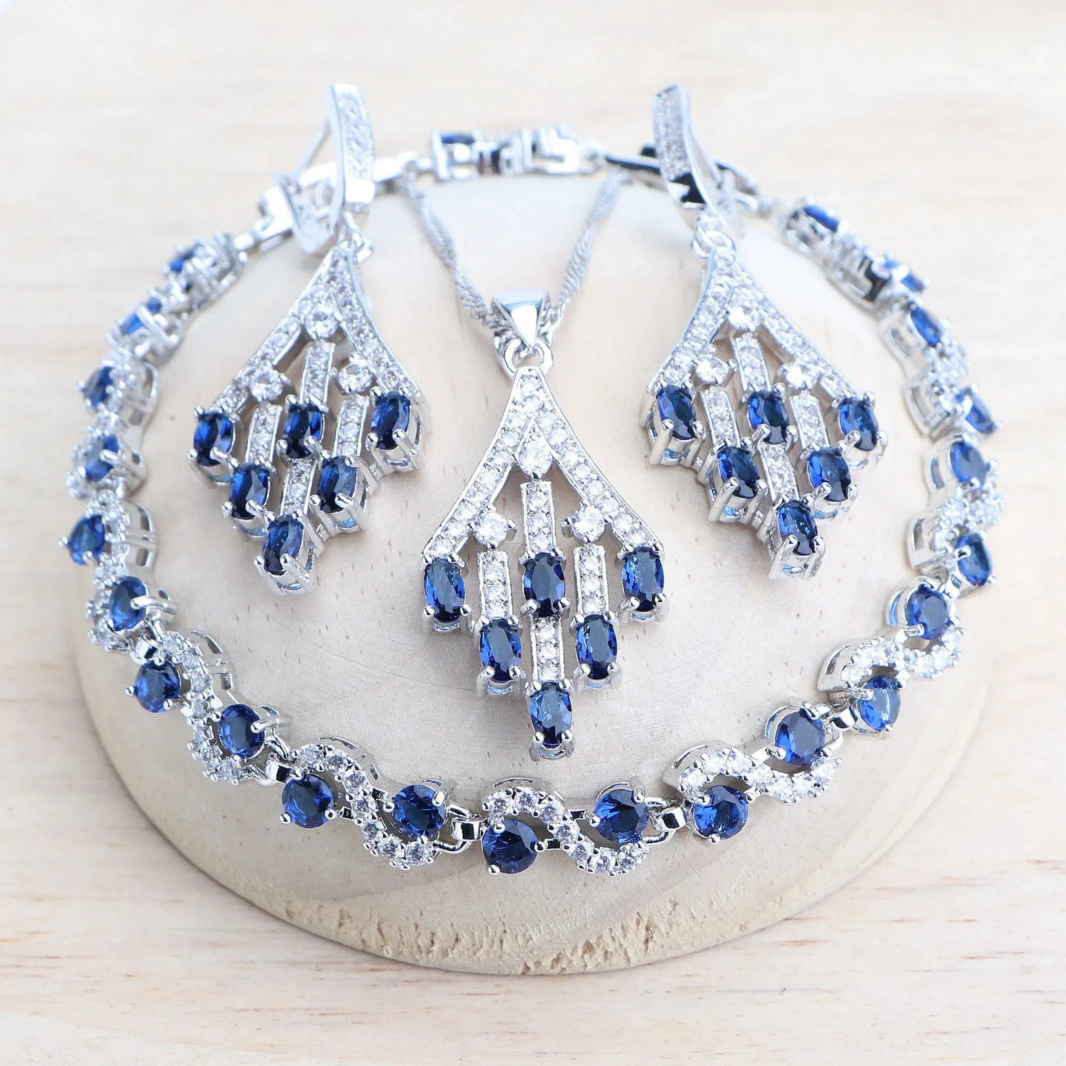 925 Sterling Silver Women Jewelry Sets Fine Wedding Bridal Earrings Rings Blue Zircon Jewelry Bracelets Pendant Necklace Set