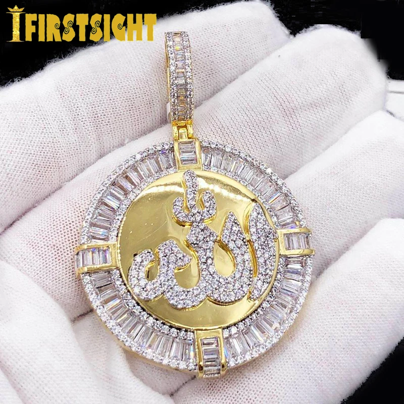 New Iced Out Silver Color Round Muslims Allah Necklace Pave Zircon Rectangle CZ Allah Pendant Necklace Women Men Hip Hop Jewelry