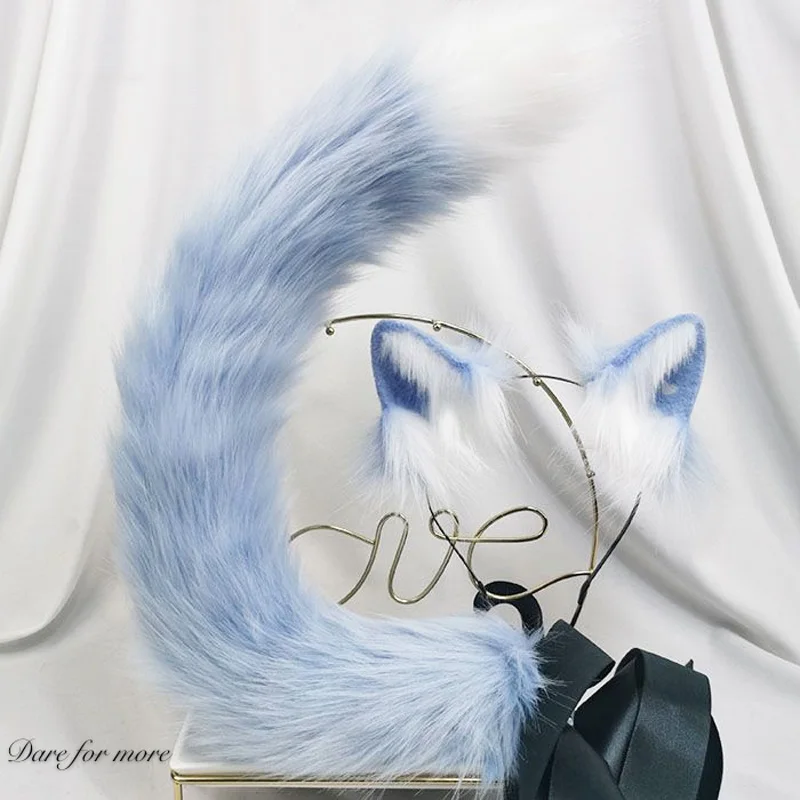 Handmade Ice blue Cat ears Hairpin Cosplay hair band KC headwear cos simulation fold-ear Animal hair Accessories