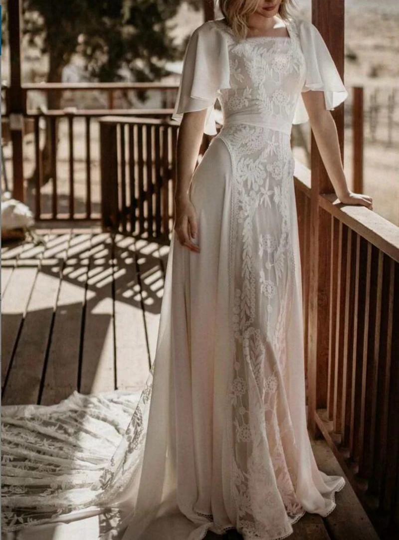 Sexy Bohemian Spitze Hochzeit Kleid Square Neck Flare Ärmeln EINE Linie Chiffon Sweep Zug Spitze Strand Brautkleid Robe De mariee