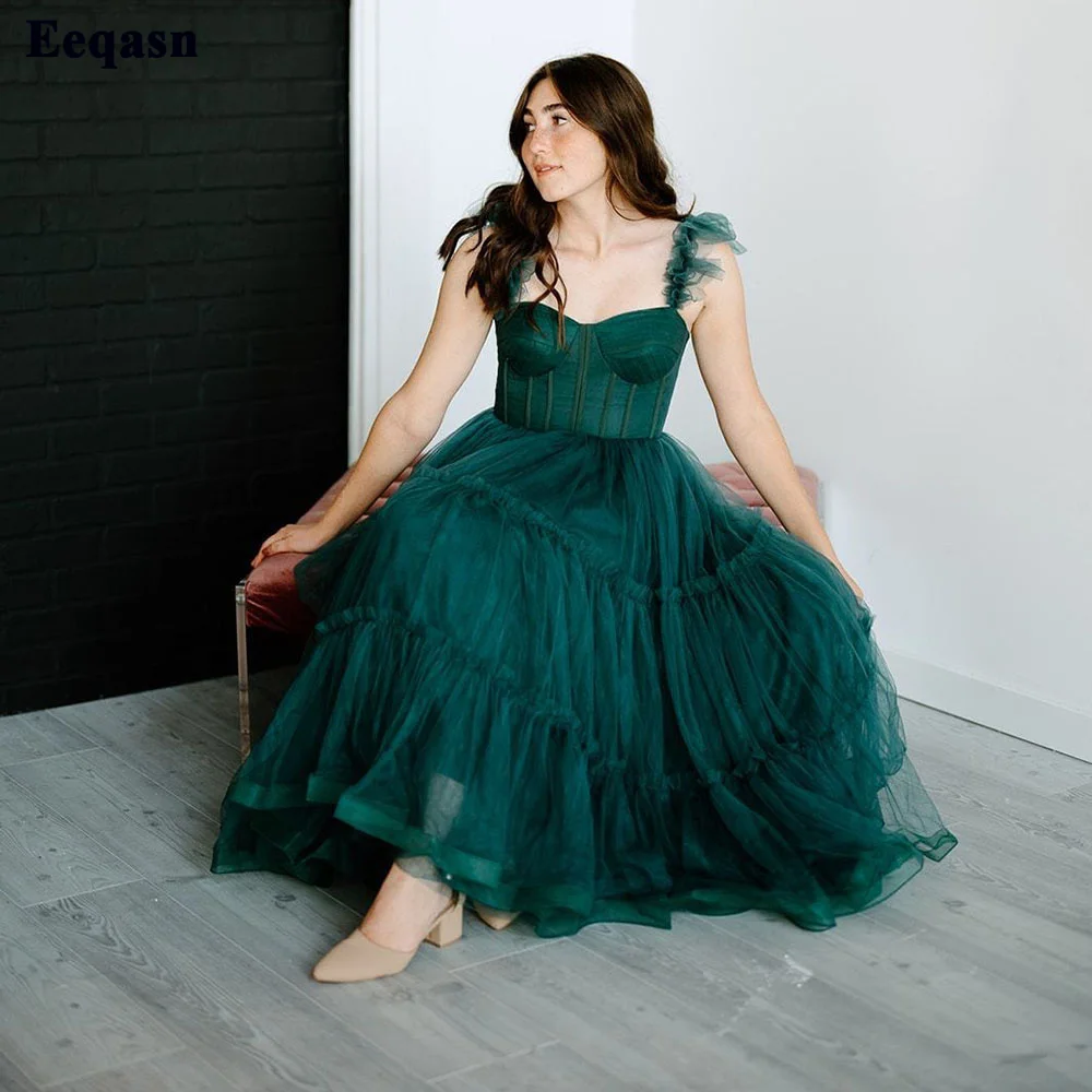 Eeqasn simples escuro verde midi vestidos de baile de formatura cintas de espaguete em camadas tule vestidos de baile sweeheart tornozelo-comprimento vestido de festa de casamento