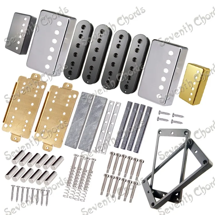 A Set LP Guitar Humbucker Pickup Kits Producing Accessories,Brass Cover & Baseplate & Plastic Pickup Ring & Bar Magnet