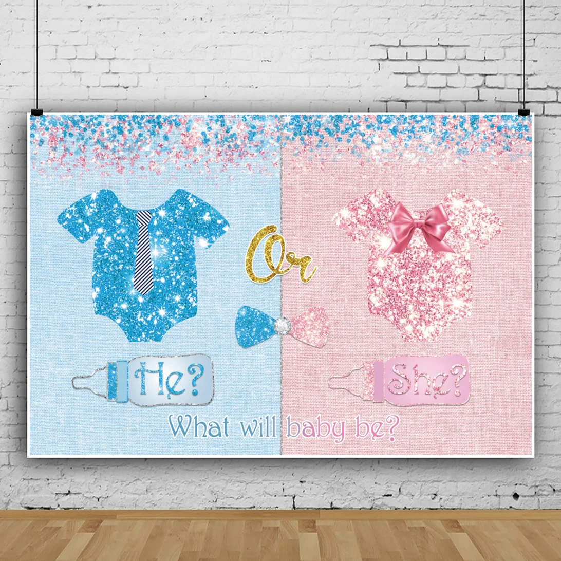 

Laeacco He Or She Baby Shower Gender Reveal Party Giltters Backdrops Customized Banner Poster Child Photozone Photo Backgrounds