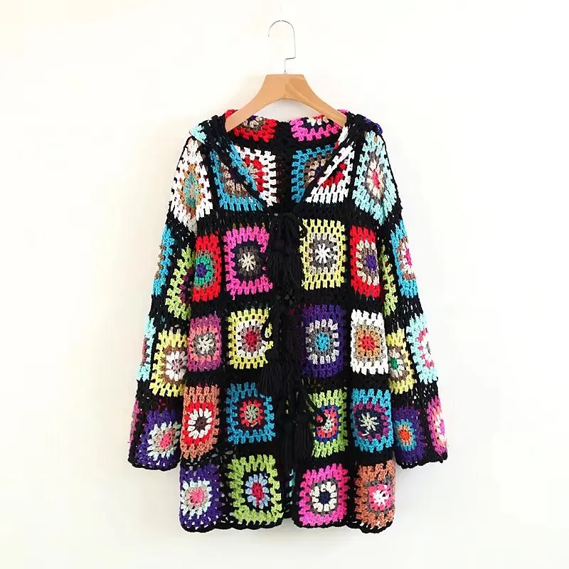 TEELYNN Hand-knit Sweater Cardigan Women Coat Vintate Black Ethnic Floral Autumn Boho Hooded Tassel Hollow Hippie Outer Wear