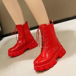 Red White Black Women Ankle Boots Platform Square Heel Ladies Ridding Boots Cross Tied Fashion Women Autumn Winter Shoes