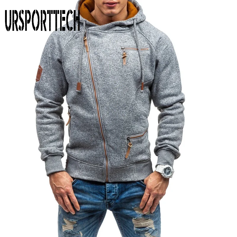 URSPORTTECH New Mens Hoodies Side-zipper New Style Fashion Long Sleeve Hooded Sweatshirts Mens Diagonal Zipper Hoodie Streetwear