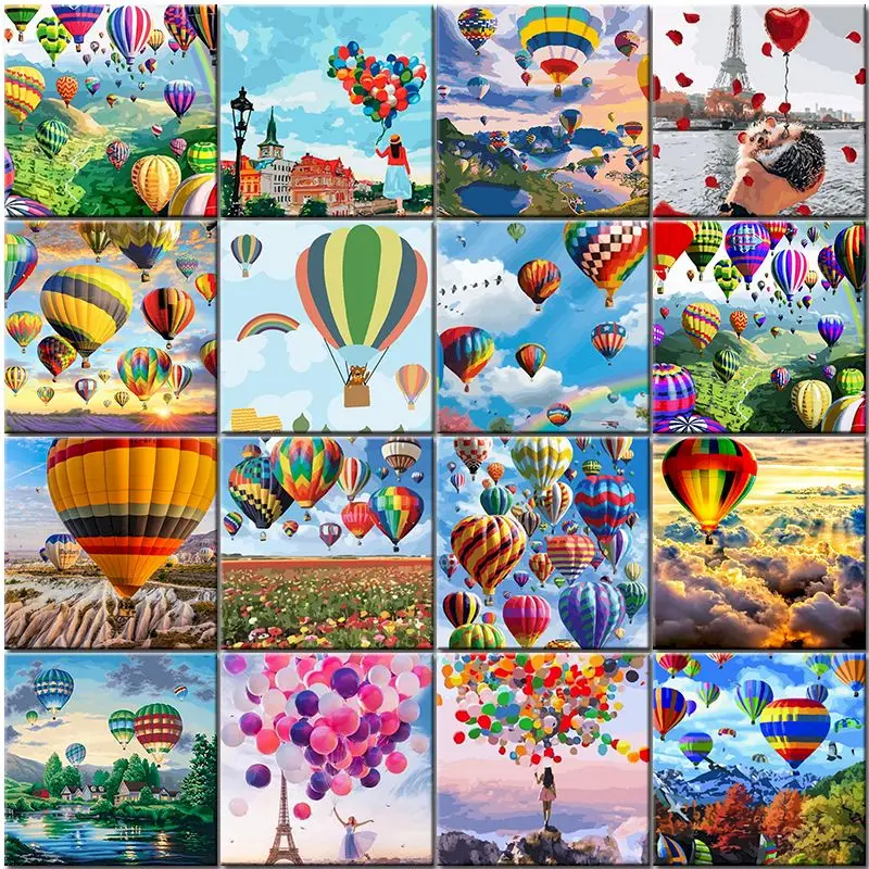 Oil Paint By Number Hot Air Balloon On Canvas Painting Kits Landscape Diy With Frame Acrylic Coloring By Numbers Home Decoration