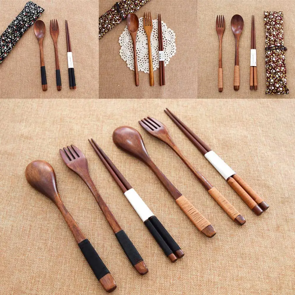 

Portable Tableware Wooden Cutlery Sets With Useful Spoon Fork Chopsticks Travel Gift Dinnerware Suit With Cloth Bag 1 Set