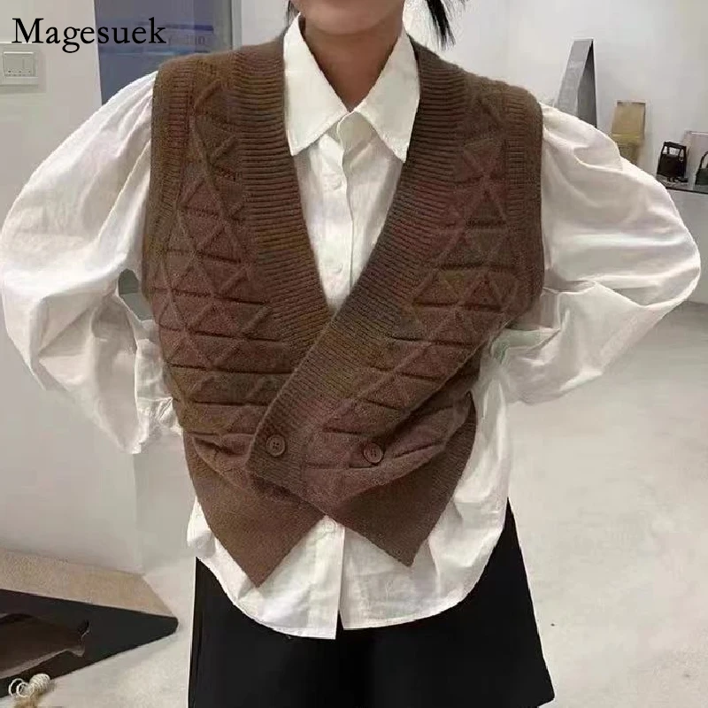 Cardigan Knitted Sweater Vest Women Autumn Winter New Short Sleeveless V-neck Vest Korean Solid Vintage Pullover Sweaters 17629