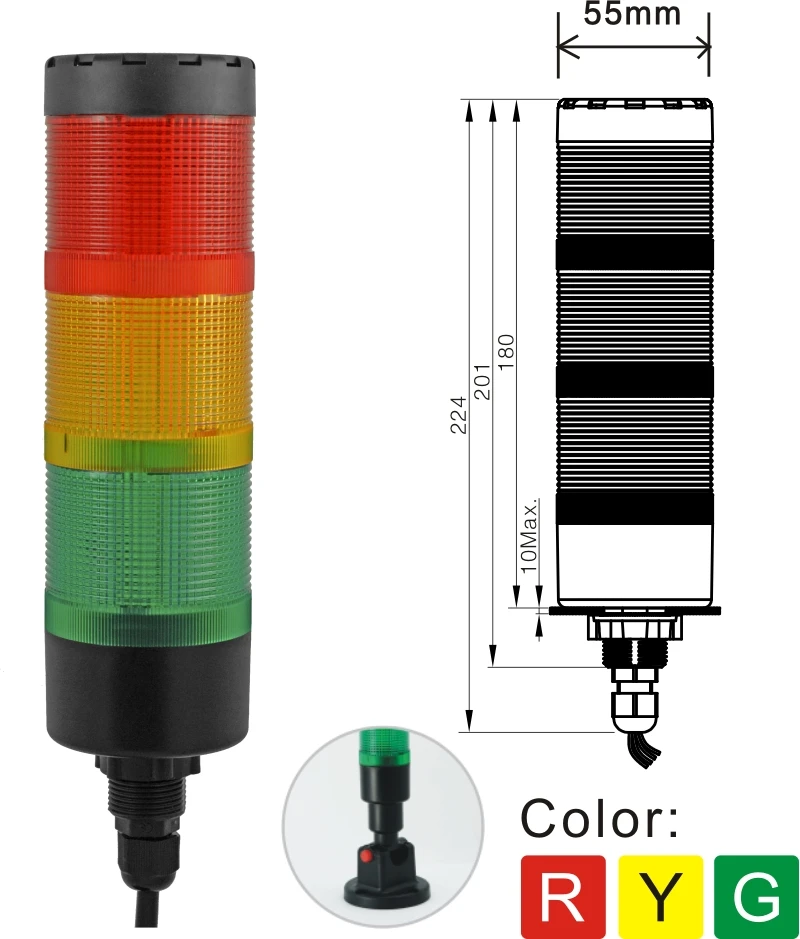 ELEWIND 55 มม.ไฟสัญญาณทาวเวอร์ 3 ชั้นพร้อมไฟแฟลชพร้อม Buzzer หรือไม่มี Buzzer (YWJD-55D/3/RYG/24V)