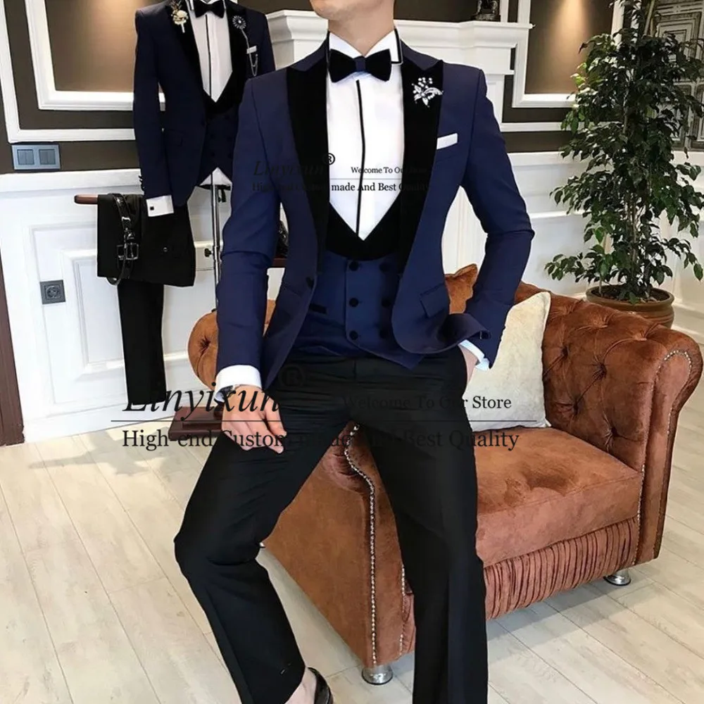 

Newest Fashion Navy Blue Costume Homme Business Wedding Suits For Men Ternos Masculinos Slim Fit Tuxedos 3 Piece Mens Suits