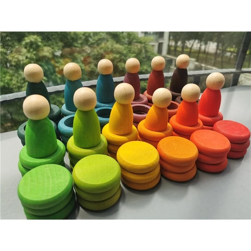 Kids Wooden Toys Beech Rainbow Coins and Rings Stacking Blocks with Peg Dolls Loose Parts