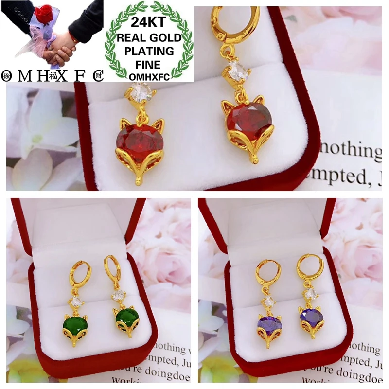 OMHXFC Wholesale YM71 European Fashion Fine Woman Girl Party Birthday Wedding Gift Vintage Fox Zircon 24KT Gold Drop Earrings