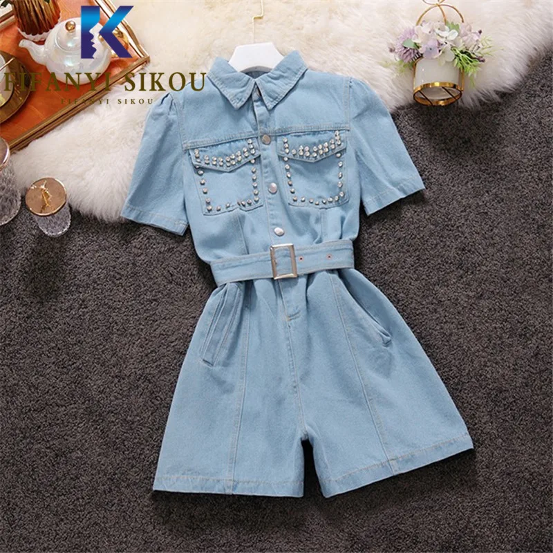 Blue Denim Overalls Women Short Sleeve Lapel Fashion Diamonds High Waist Denim Jumpsuit Female Summer Loose Wide leg Short Pants