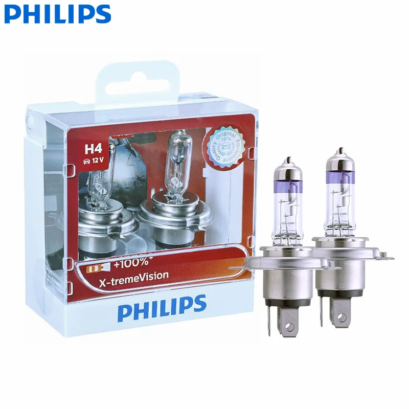 Philips X-treme Vision 9003 HB2 H4 12V 60/55W P43t 12342XVS2 100% More Vision Light Car Halogen Headlight Hi/lo Beam (Twin Pack)