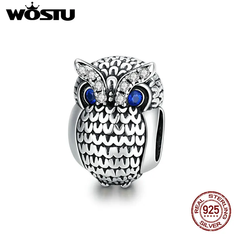 WOSTU Animal Owl Charm 925 Sterling Silver Blue Zircon Beads Fit Original Bracelet Necklace Pendant DIY Jewel;ry Making CQC1607