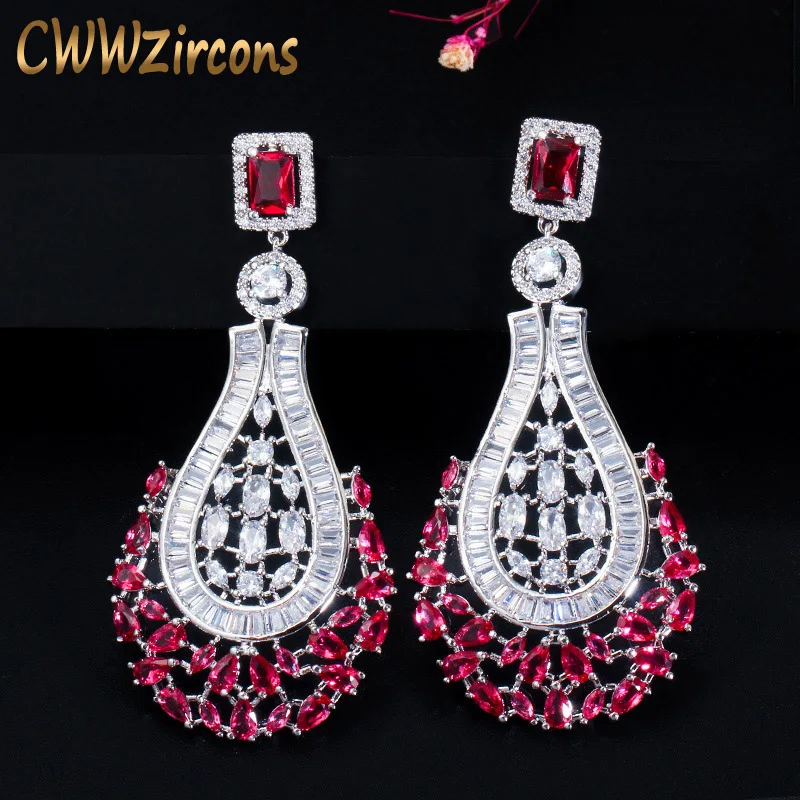 CWWZircons 70mm Luxury Statement Large Dangle Drop Rose Red CZ Earrings Vintage Wedding Bridal Party Costume Jewelry CZ664