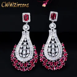 CWWZircons 70mm Luxury Statement Large Dangle Drop Rose Red CZ Earrings Vintage Wedding Bridal Party Costume Jewelry CZ664