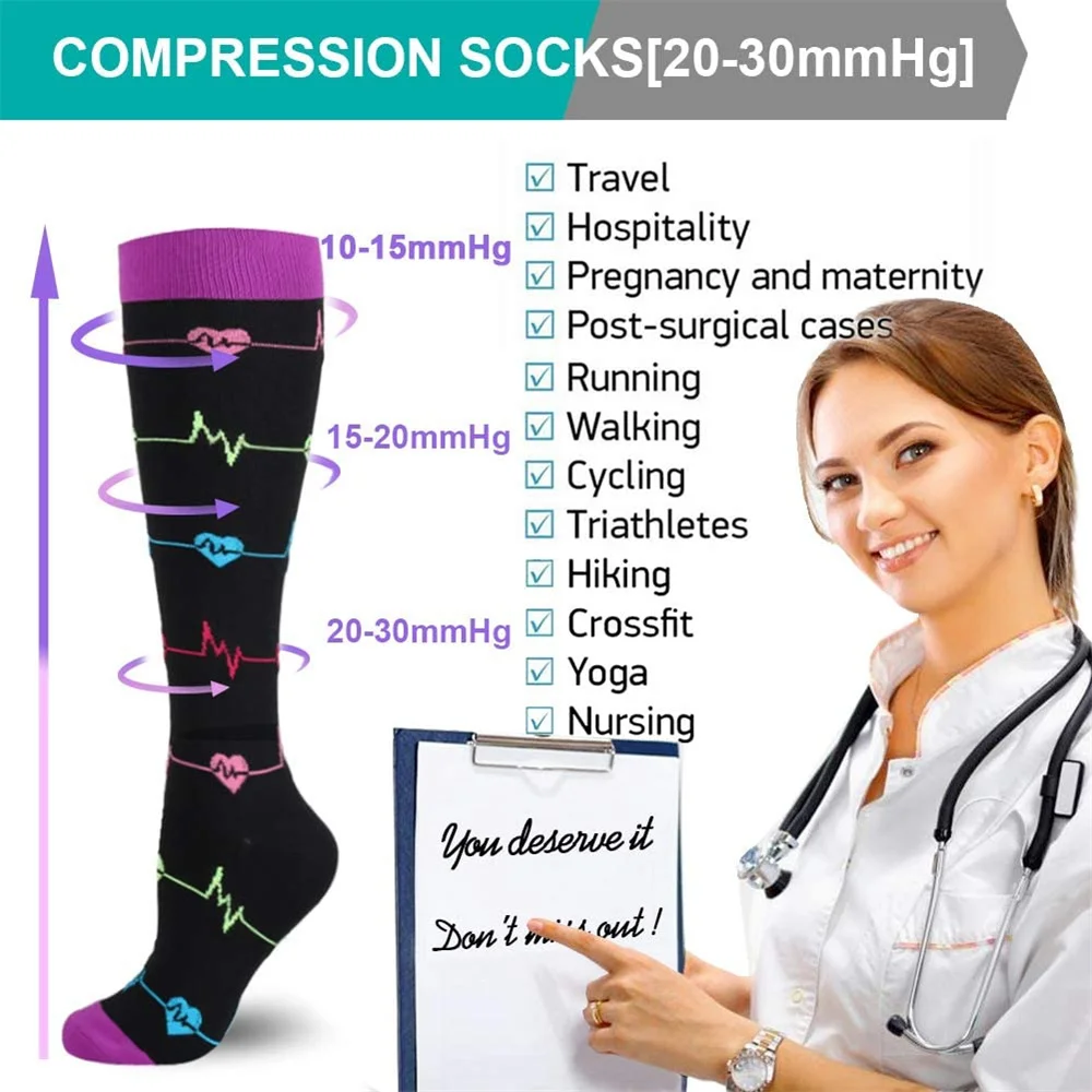 Chaussettes de Compression pour hommes et femmes, 58 styles, Anti-Fatigue, varices, œdème, hauteur du genou, 20-30 MmHg, sport, Marathon