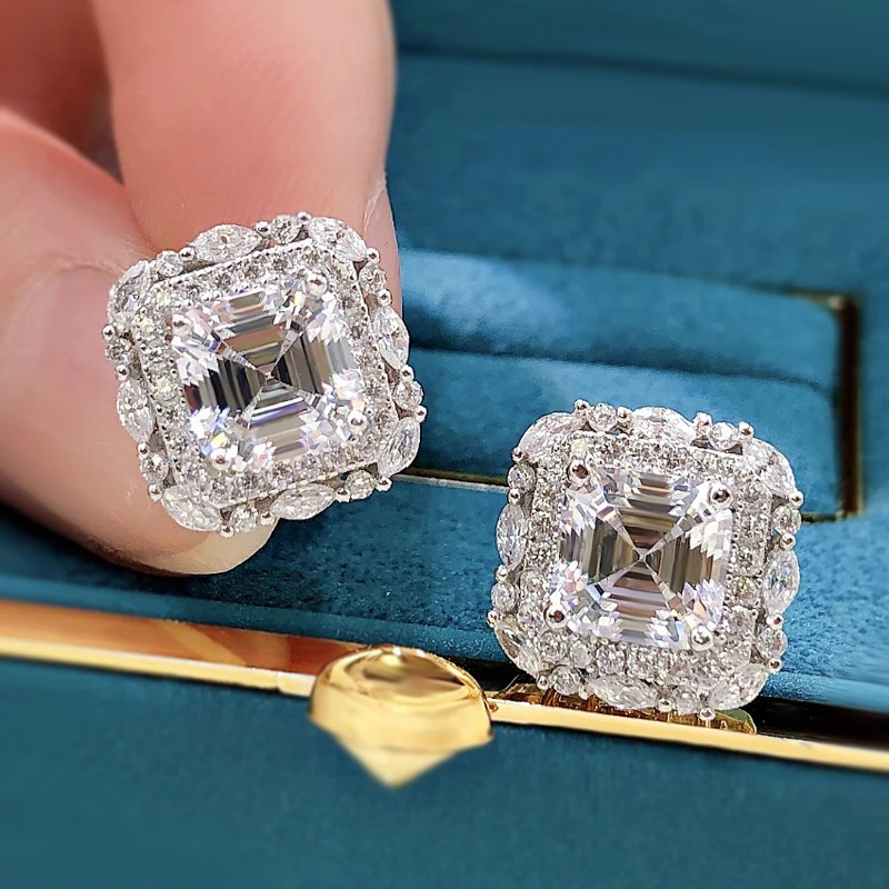 OEVAS 100% Sterling Silver 7*7mm High Carbon Diamond Pagoda Stud Earrings For Women Sparkling Wedding Party Fine Jewelry Gift