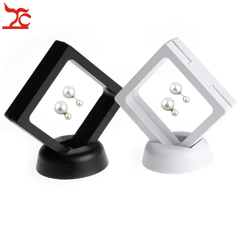 1 Set Suspended Floating Display Case Black White Plastic 3D Earring Coins Gems Ring Jewelry Exhibition Stand Holder Box