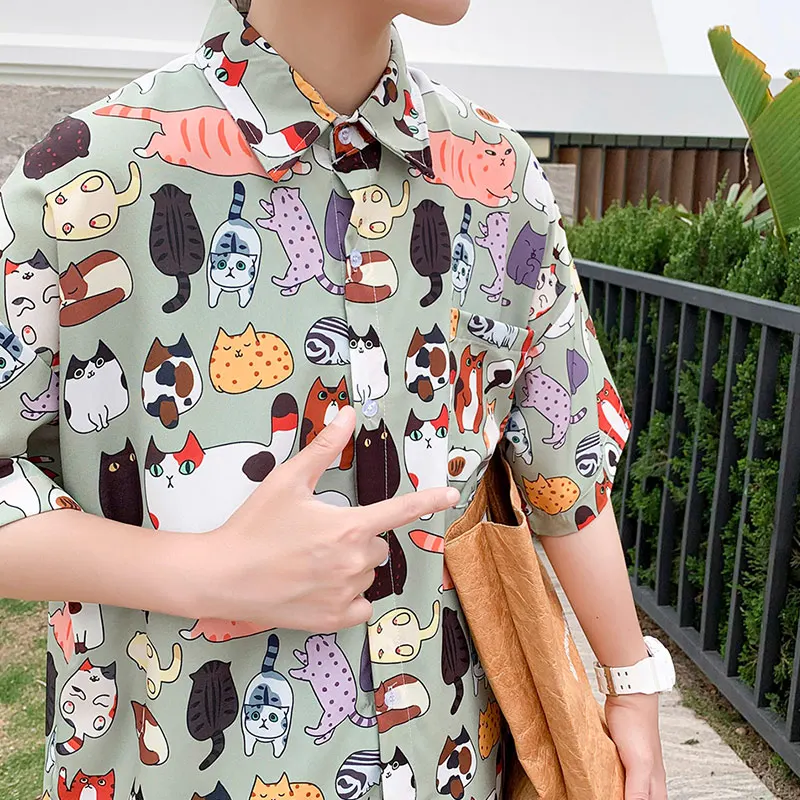 

Hawaiian cartoon short sleeve shirt men's summer fashion brand inspi Shuai thin loose cotton half sleeve camisa streetwear