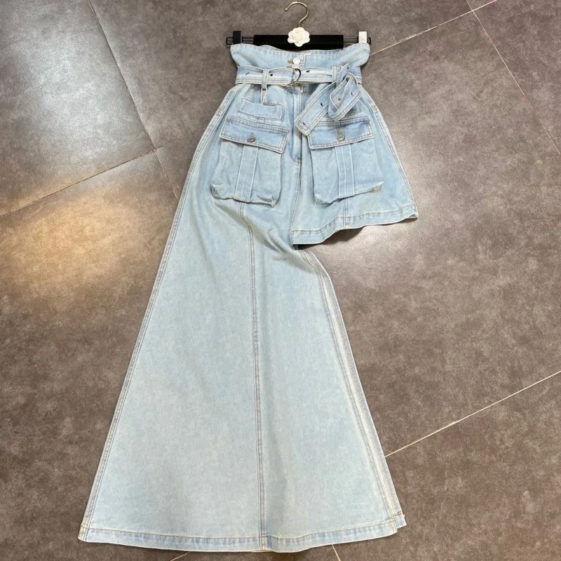 

High Designer Waist Asymmetrical Denim Skirt Women Fashion Pockets Sashes A Line Skirts High Street Vintage Jean Skirts Female