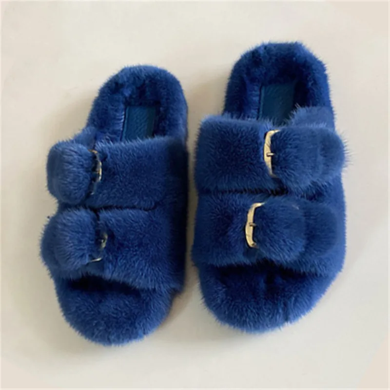 Winter Fashion Fur Slippers Luxury Women Indoor Slippers Outdoor Casual Warm Fluffy Slippers Ladies Flat Shoes Mink Fur Slippers