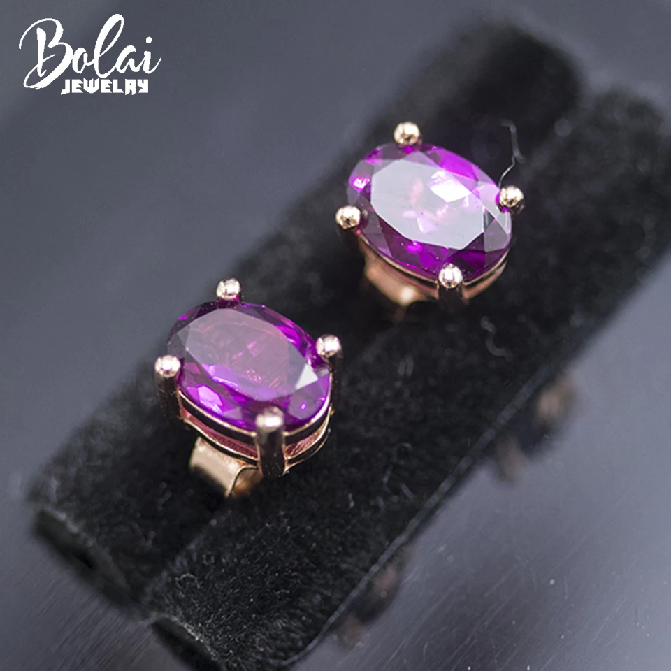 

Bolai Natural Rhodolite Garnet Stud Earrings 925 Sterling Silver 7*5mm Gemstone Jewelry for Women Mom's Gift Simple Basic Style