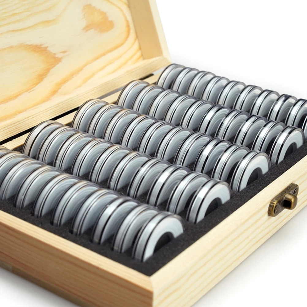 Coin Storage Box with Adjustment Pad 50PCS Adjustable Wooden Commemorative Coin Collection Case Holder Capsules