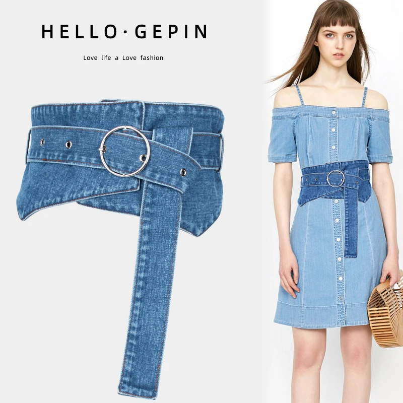 Frauen Bund Denim Stoff Farbe Tunika Anzug Breiten Gürtel Und Kleid Hemd Taille Mode Einfache Vielseitig Schwarz Blau