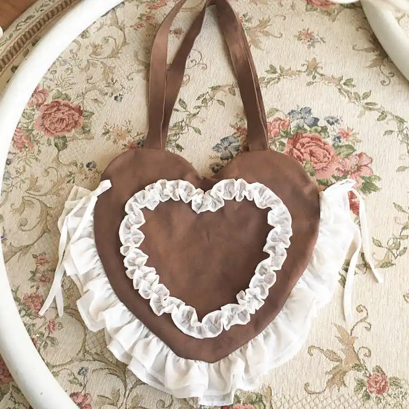 Japanese Princess Lolita Lolita ruffled heart-shaped canvas bag Soft Girl Cos Loli Tea Party College style handmade shoulder bag