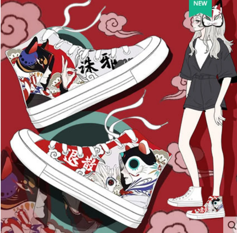 Japanese Anime personality trendy graffiti shoes cartoon comic  high-top canvas shoes female students cute and comfortle cos