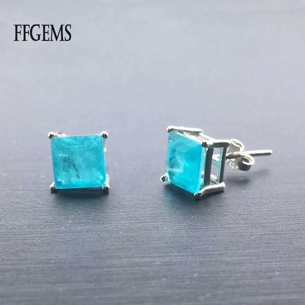 FFGems Brazilian Paraiba emerald Tourmaline silver Earring Created blue stone square for Women Fine Jewelry wholesale Party Gift