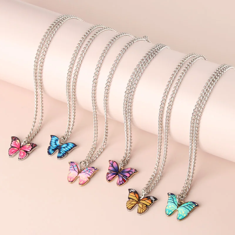 Korean Blue Gradient Butterfly Necklace for Women Girls Silver Color Rainbow Butterflies Pendant Choker Necklaces Jewelry Gift