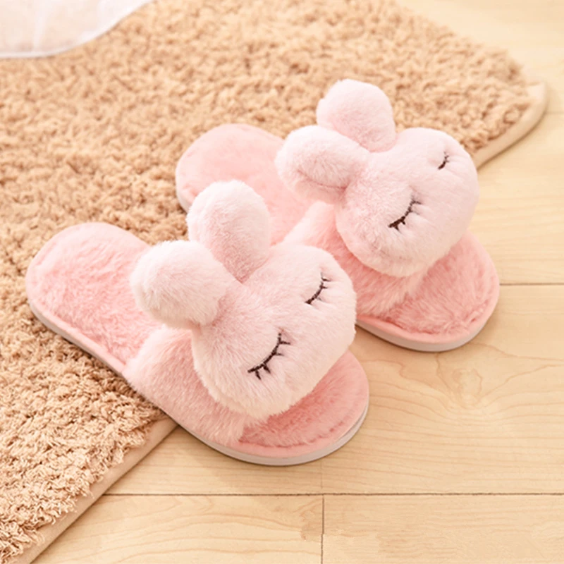 

Kawaii Girls Winter Rabbit Slippers Cute Animals Bunny Warm Plush Indoor Fluffy Slippers House Soft Fur Slides Women Cotton Shoe