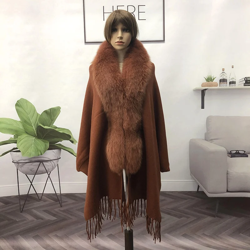 Winter Knitted Mink Pashmina Poncho Women Long Sleeve Fox Fur Collar Tassel Scarf Real Fur Femme Vintage Cardigan Coat Oversize