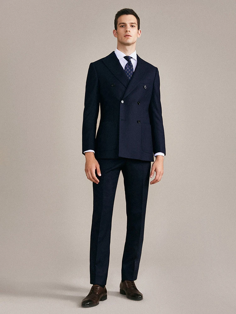 65% Wool Mens Suits Set Blazer Pant 2021 Autumn Winter Deep Blue Double Breasted Formal Wedding Groom Business Man Wear Clothing