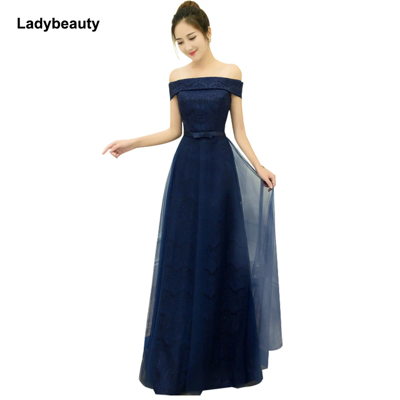 

Ladybeauty Navy Blue Long Evening Dress Party Women Lace Boat Neck Evening Gown lacing Formal Dresses Robe de Soiree Longue