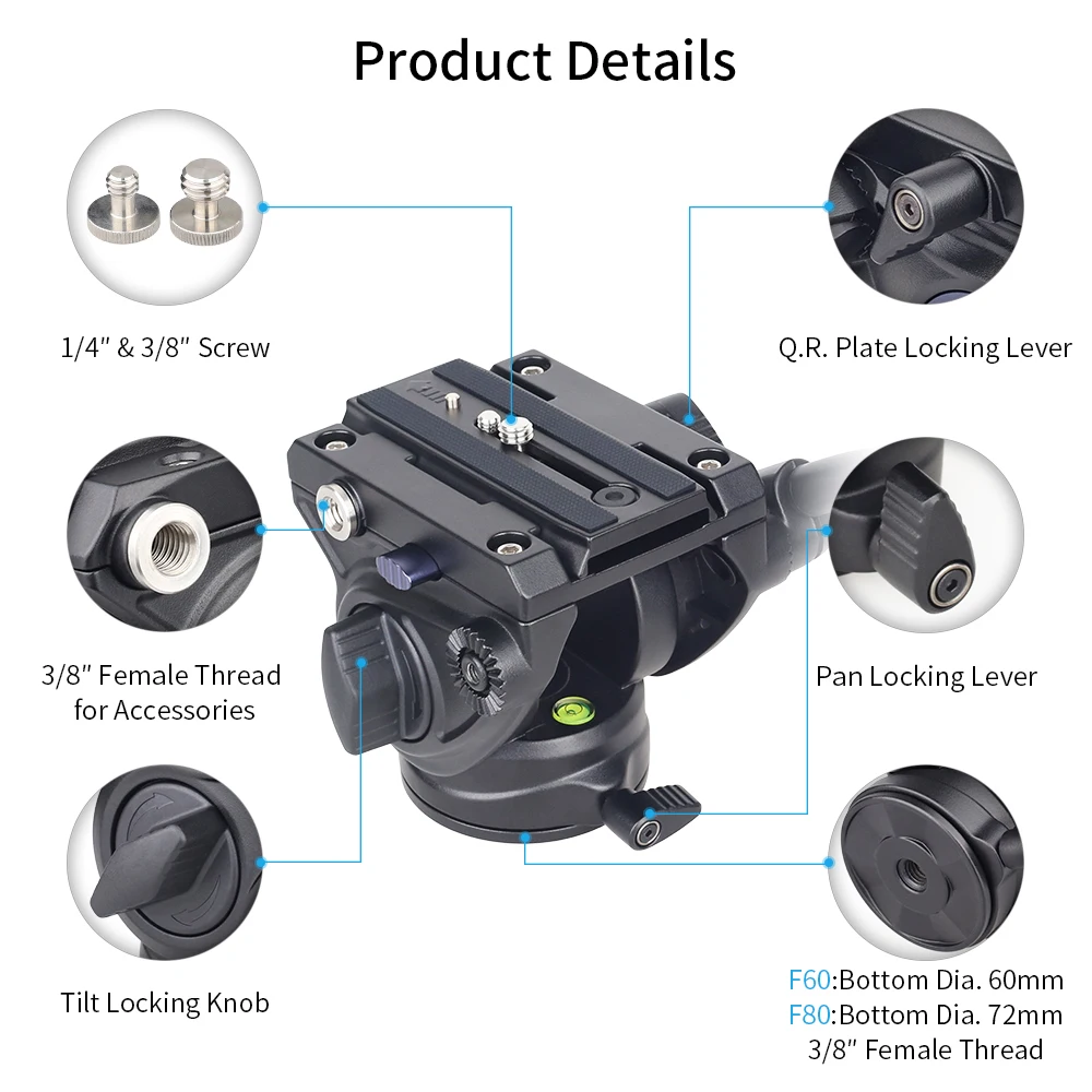 F60/F80 Video Fluid Head Panoramic Hydraulic DSLR Camera Tripod Head for Monopod Slider adjustable Handle Manfrotto Q.R. Plate