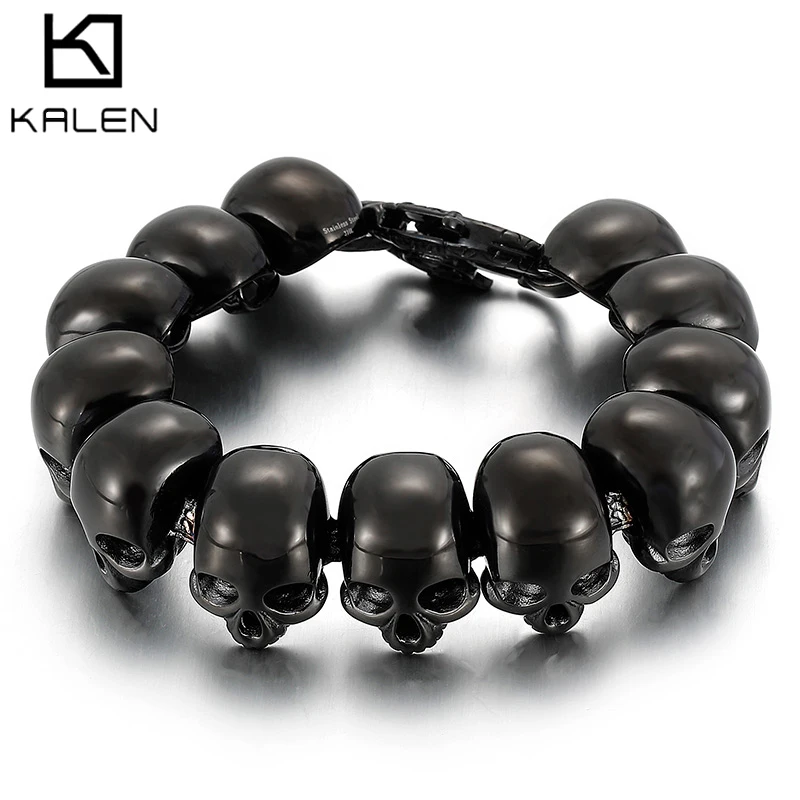 Kalen Hip-Hop Rock Stainless Steel Bracelet Men's Chunky Polished Skull Head Accessories Gothic Biker Party Jewelry Gifts