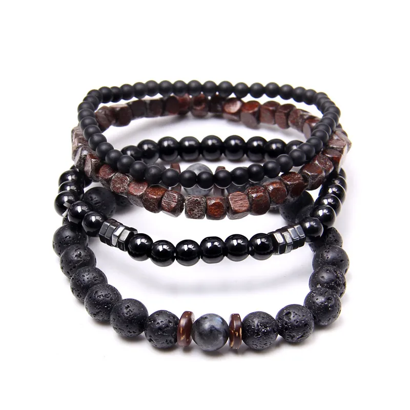 Conjunto de pulseiras de pedra vulcânica para homens, pulseira elástica, proteção de energia, combinação fashion, hip-hop, rede vermelha, vento, joias