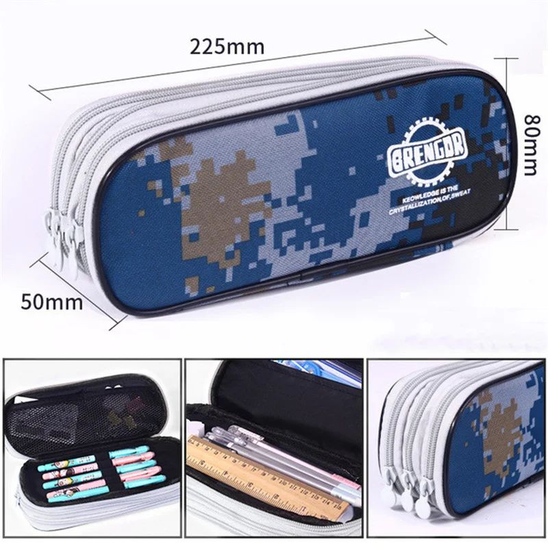 Three-layer zipper pencil case Cool canvas pencil bag School supplies storage bag Multifunctional Stationerybag
