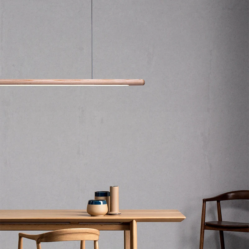 Solid Wood Hanging Lamp Nordic LED Wood Pendant Light Modern Table Long Linear Light Round Hanging Fixtures for Kitchen Island