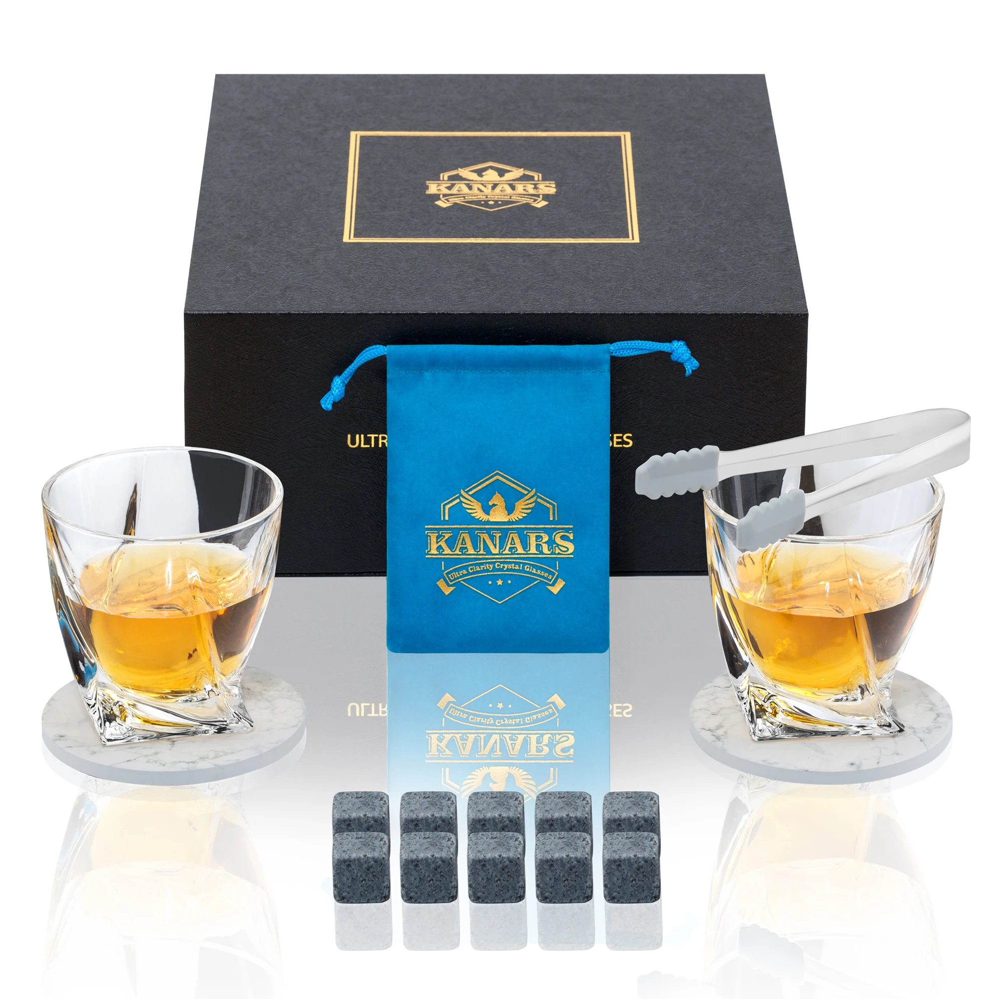 

Whiskey Stones and Glasses Set, 10 Granite Whisky Rocks+2 Crystal Scotch Tumblers For Men Husband Friends