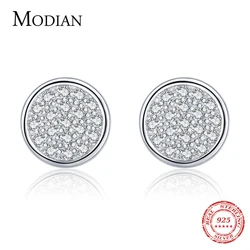 MODIAN Solid 925 Sterling Silver Round Simple Exquisite Clear CZ Buttons Stud Earrings For Women Girls Anti-allergy Fine Jewelry