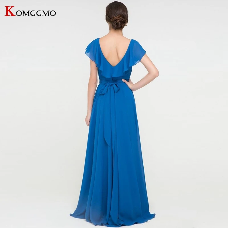 Nach Maß V-ausschnitt Rüschen Chiffon A-Line Abendkleid High-End Cap Sleeve Bodenlangen Bogen Gürtel Sweep Zug Brautjungfer kleid