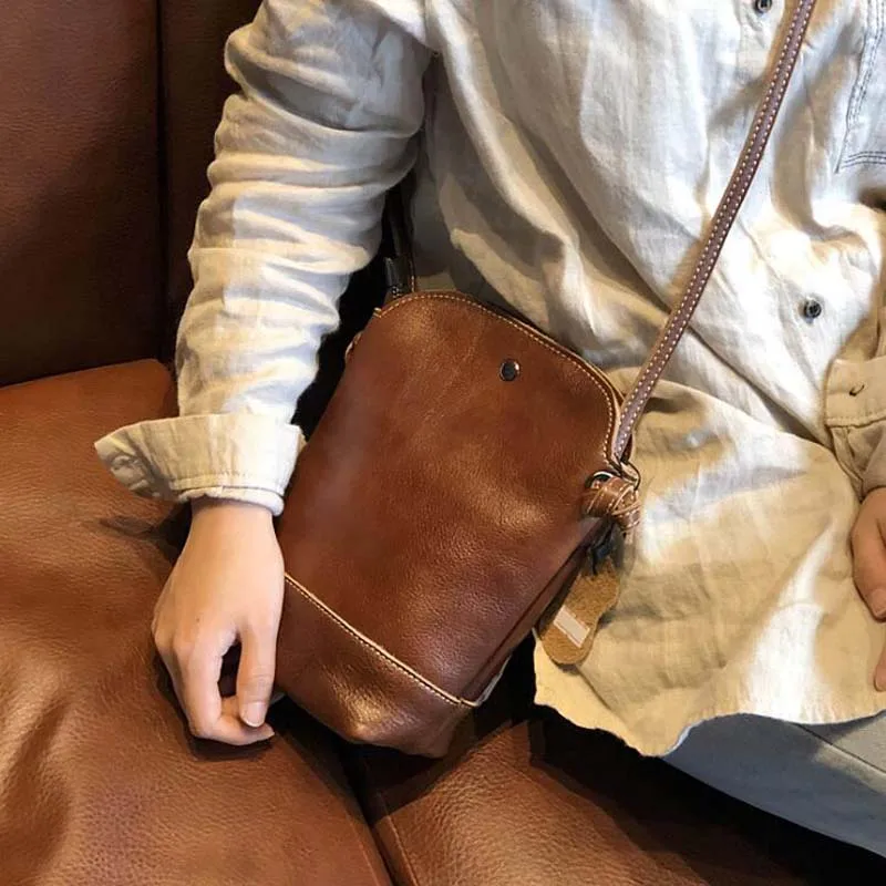 Lady Small Casual Messenger Bag Flap Women Genuine Leather Handbag Luxury Design Vintage Bucket Phone Shoulder Crossbody Bags